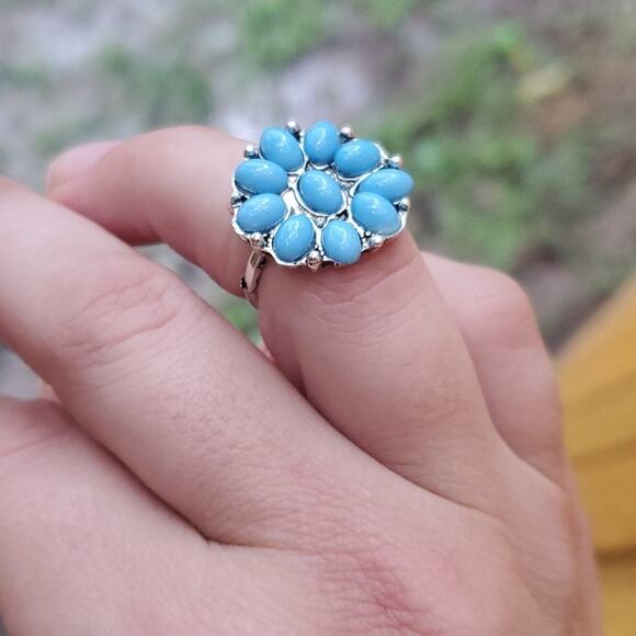 Boho flower statement ring silver & turquoise blue 5 - Picture 1 of 3